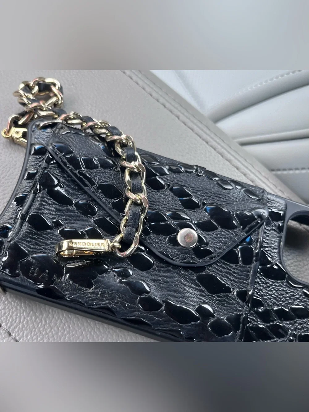 Bandolier Croc-Textured Leather Wallet Phone Case with Gold Chain wristlet .